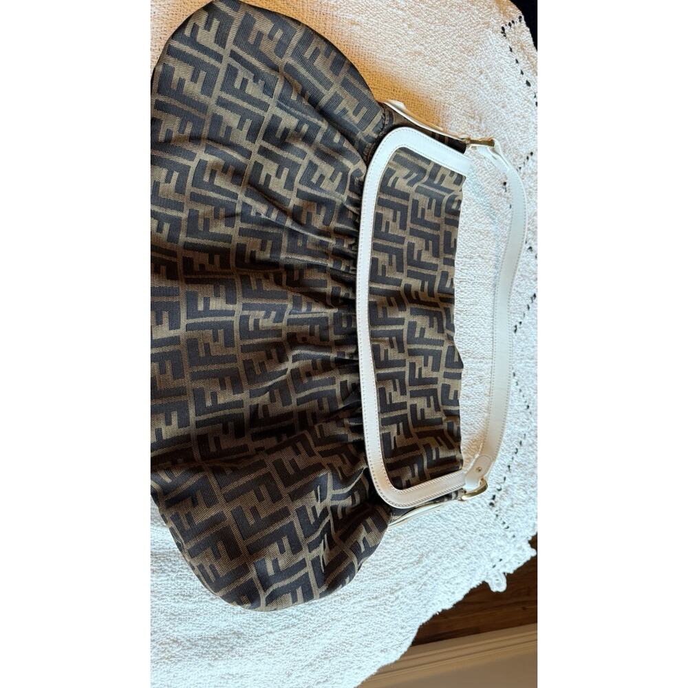 FENDI Zucca GM Chef Shoulder Bag Purse Tobacco Canvas Leather Logo Flap